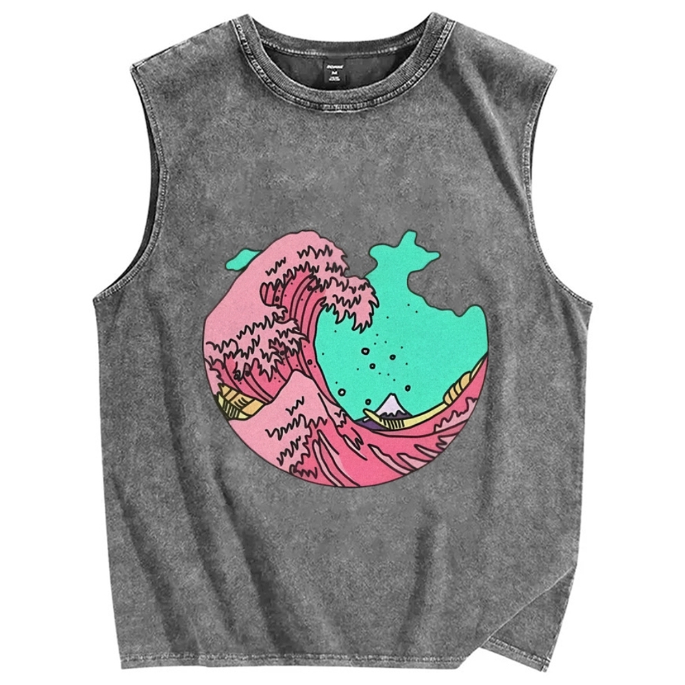 Pink waves of Kanagawa Vintage Distressed Washed Tank Top