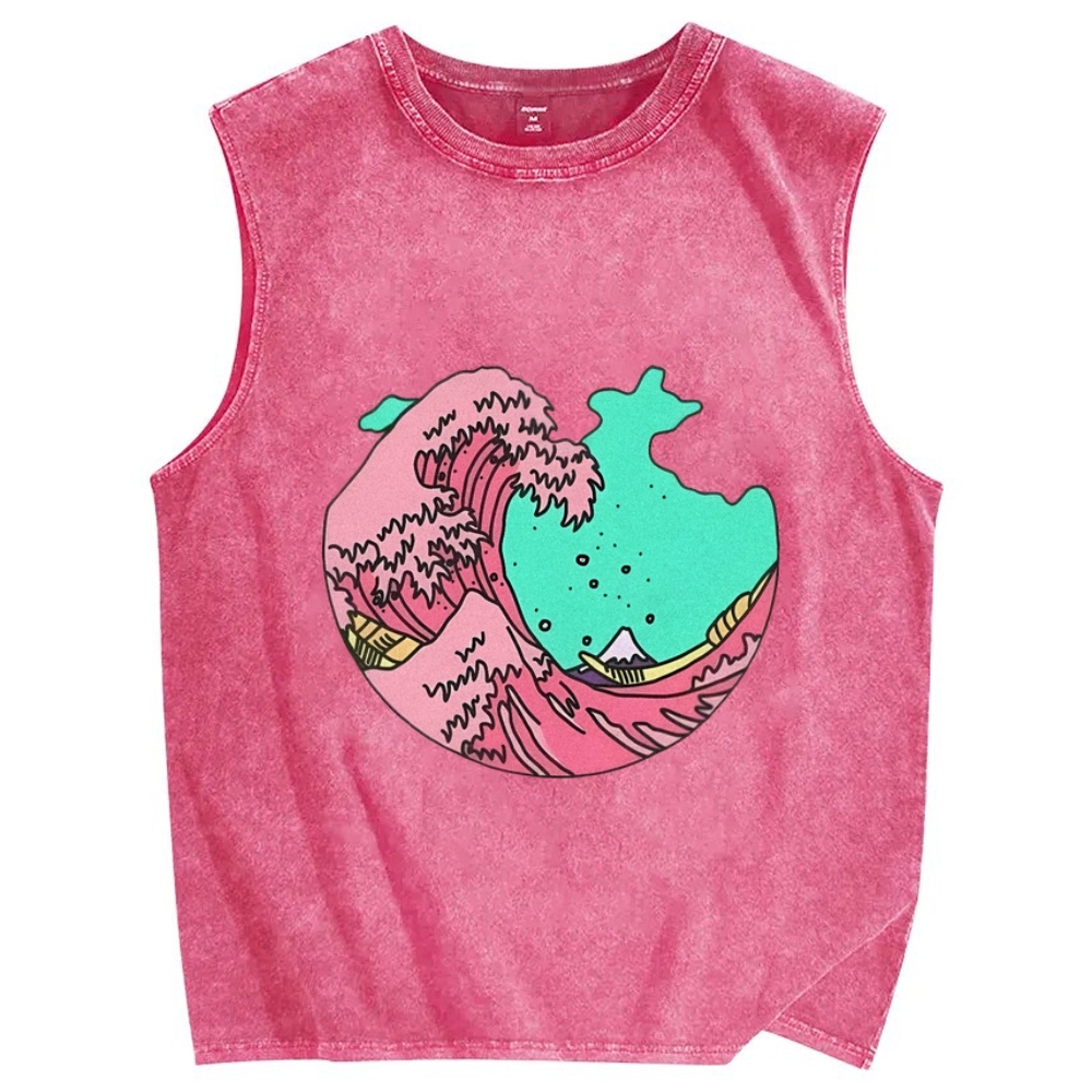 Pink waves of Kanagawa Vintage Distressed Washed Tank Top