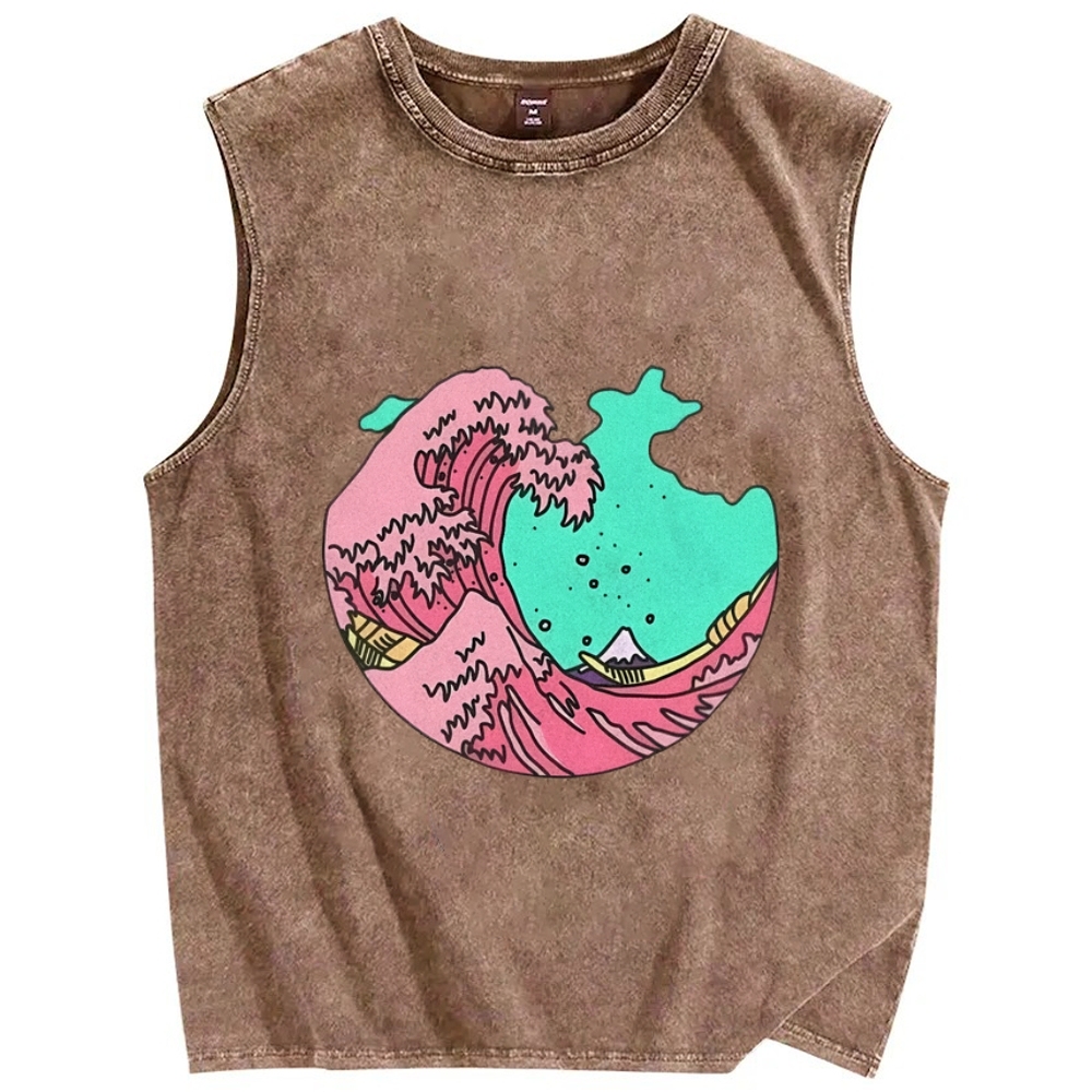 Pink waves of Kanagawa Vintage Distressed Washed Tank Top
