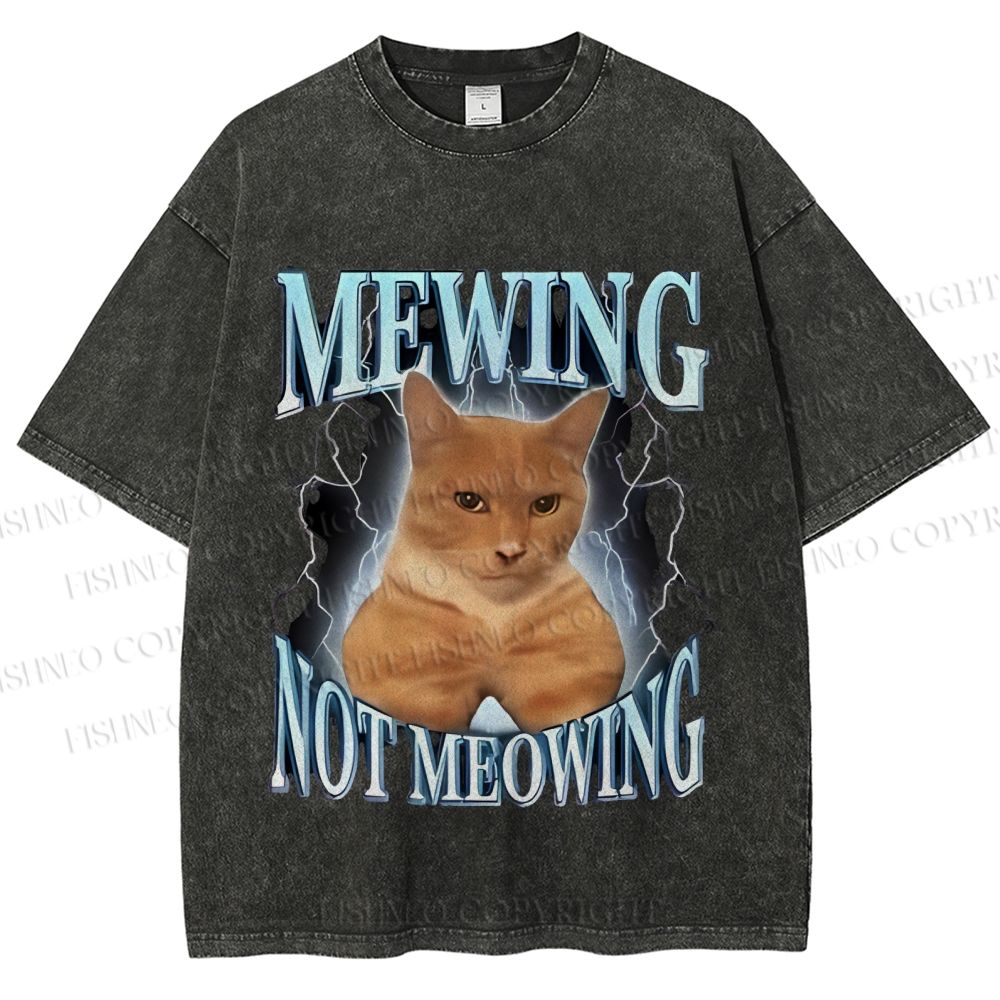 Unisex Mewing Not Meowing Cat Meme Printed Washed Tee