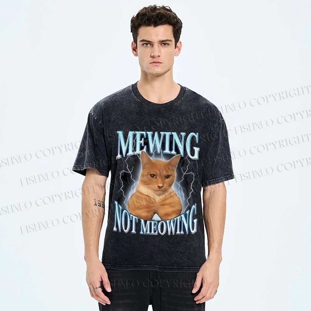 Unisex Mewing Not Meowing Cat Meme Printed Washed Tee