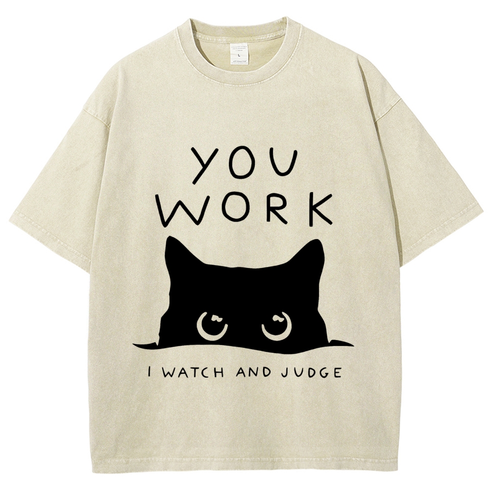 Black Cat Watching Your Work Vintage Wash Japanese Design T-Shirt
