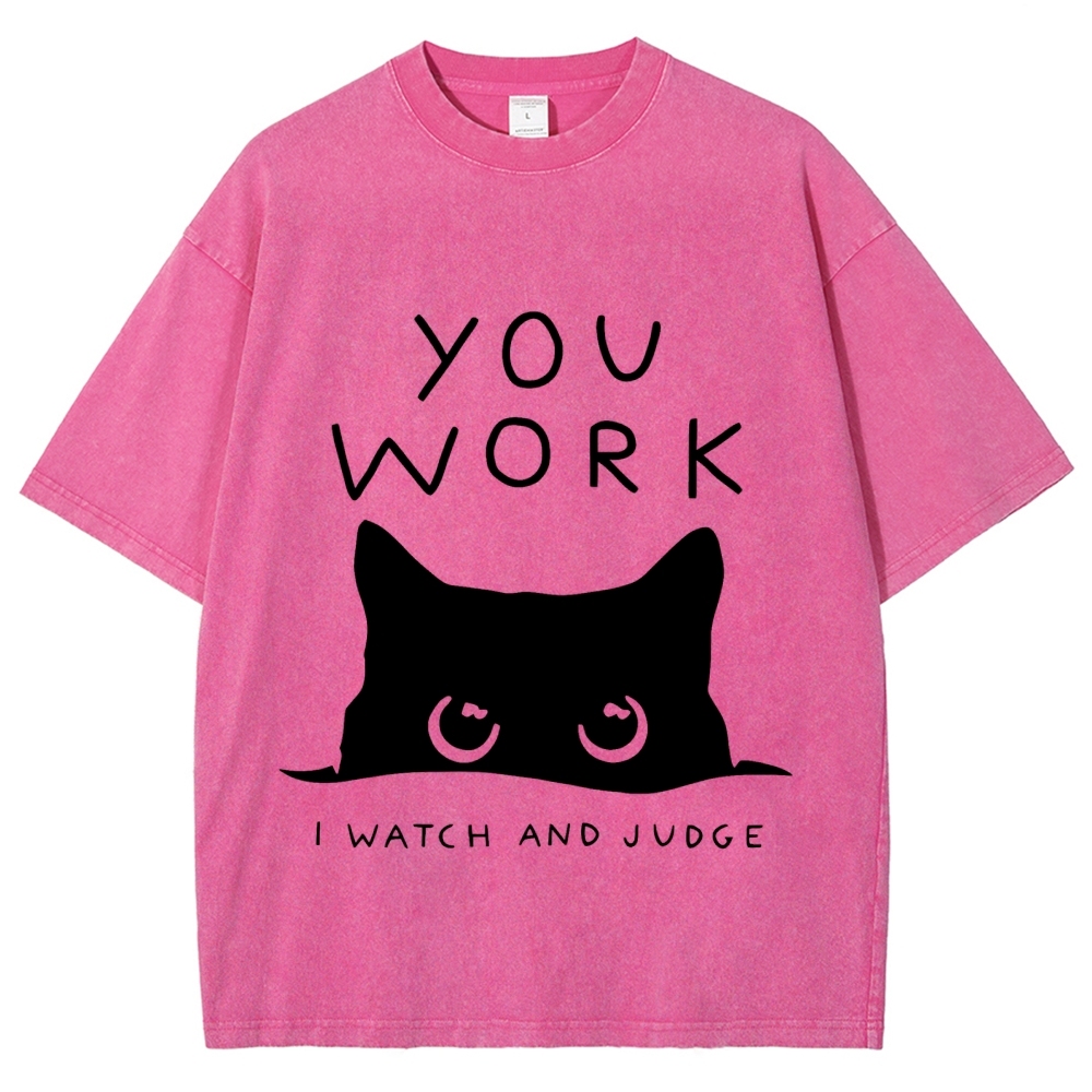 Black Cat Watching Your Work Vintage Wash Japanese Design T-Shirt