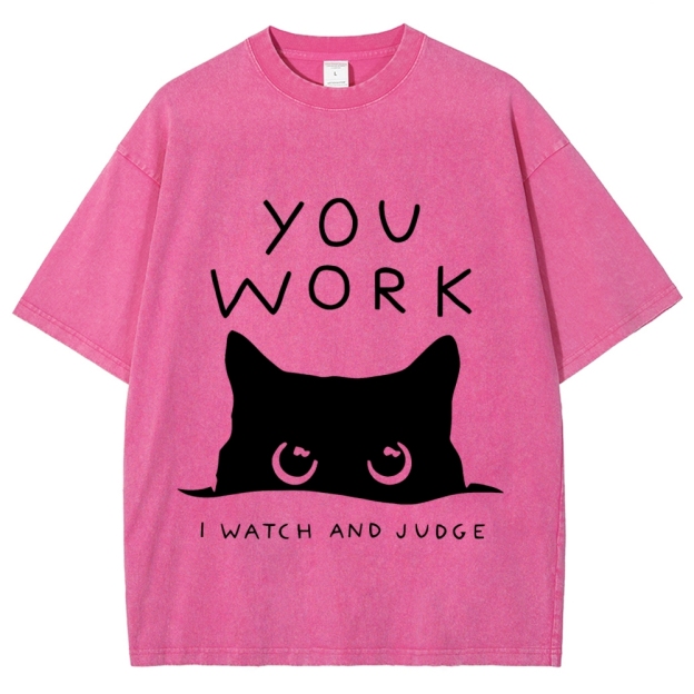 Black Cat Watching Your Work Vintage Wash Japanese Design T-Shirt