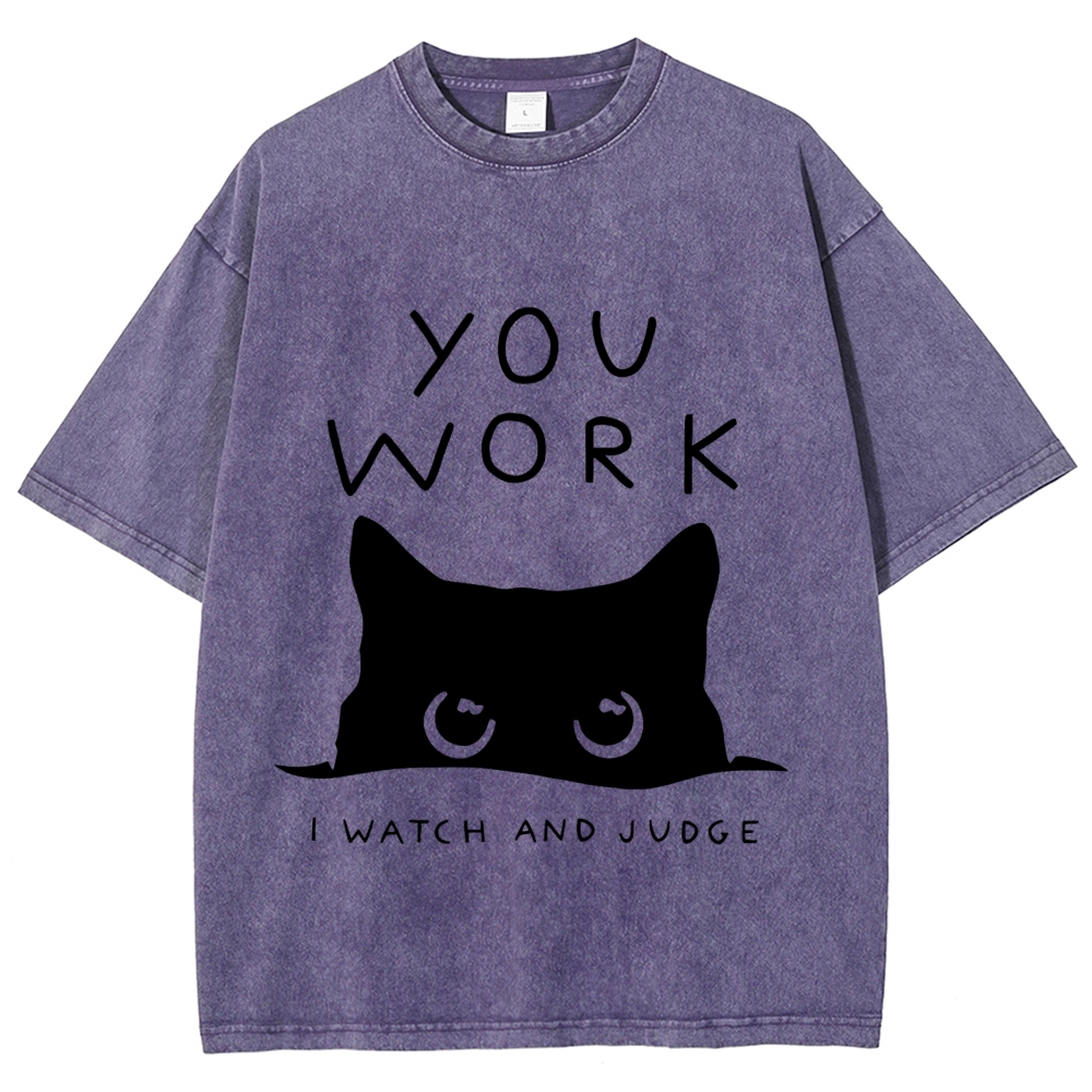 Black Cat Watching Your Work Vintage Wash Japanese Design T-Shirt