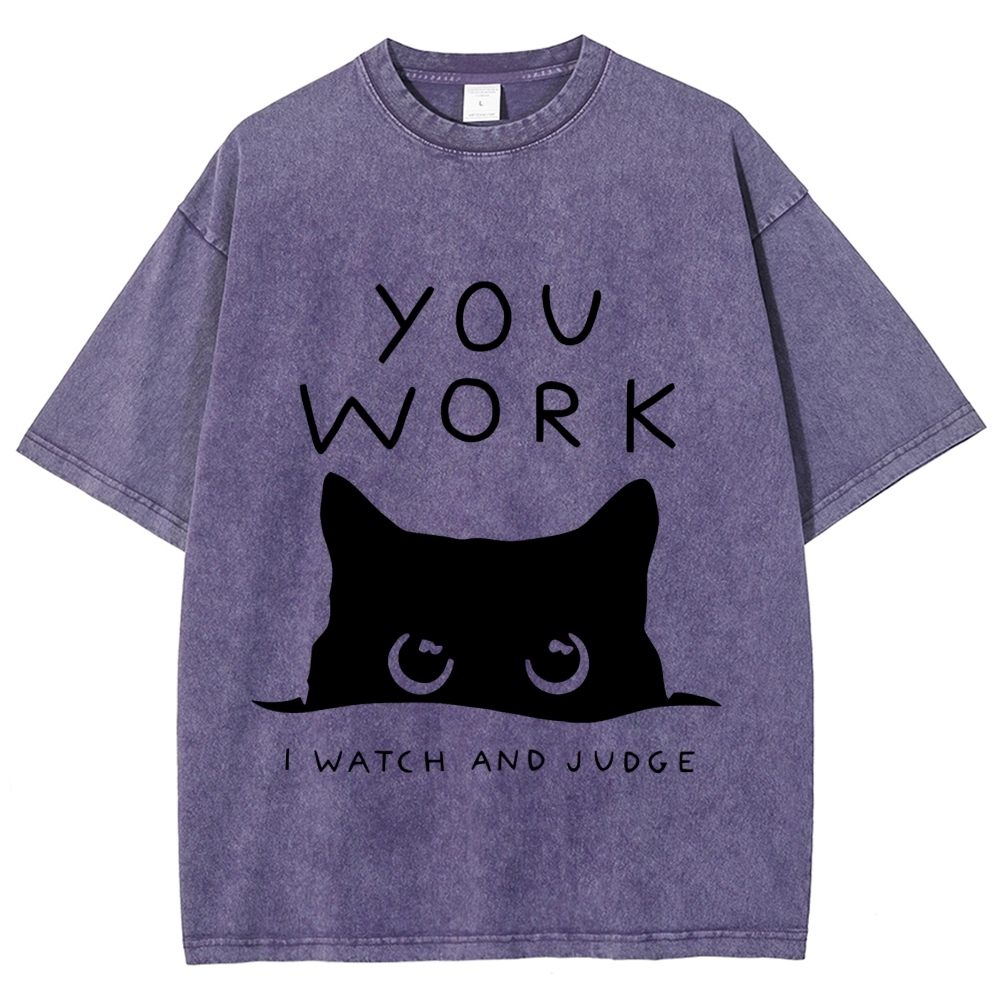 Black Cat Watching Your Work Vintage Wash Japanese Design T-Shirt