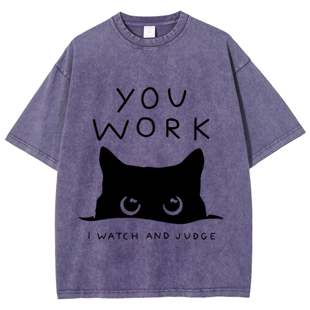 Black Cat Watching Your Work Vintage Wash Japanese Design T-Shirt