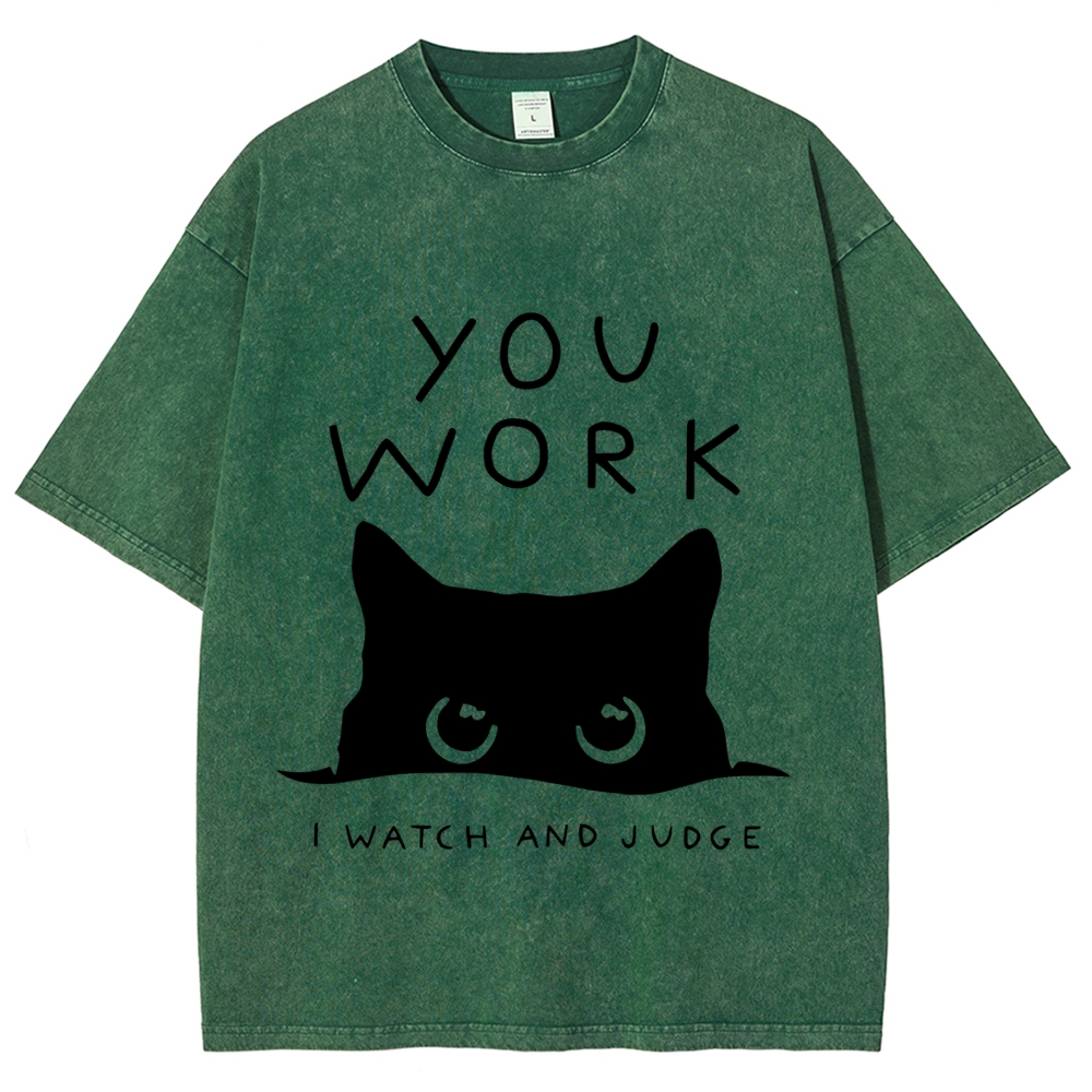 Black Cat Watching Your Work Vintage Wash Japanese Design T-Shirt
