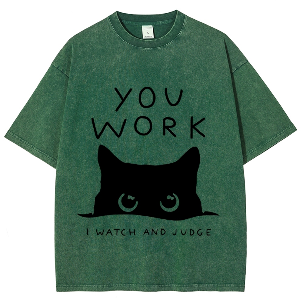 Black Cat Watching Your Work Vintage Wash Japanese Design T-Shirt