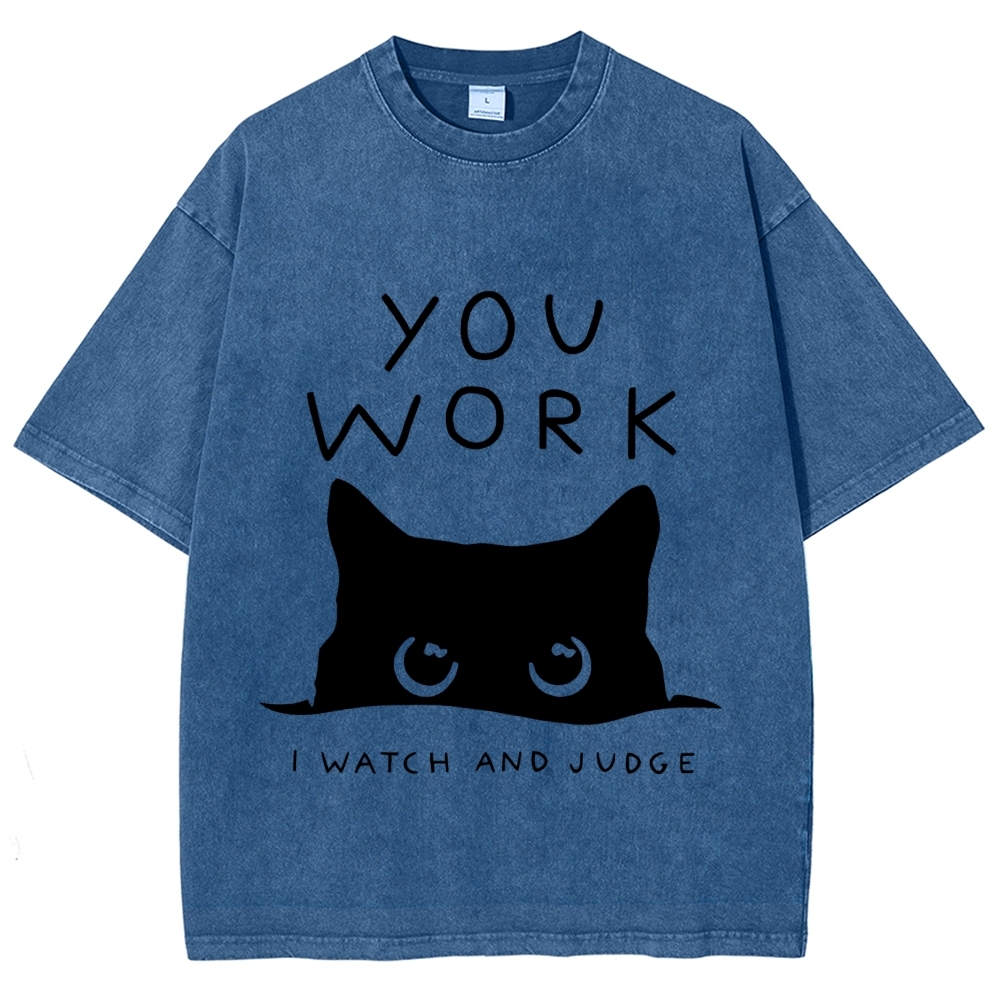 Black Cat Watching Your Work Vintage Wash Japanese Design T-Shirt