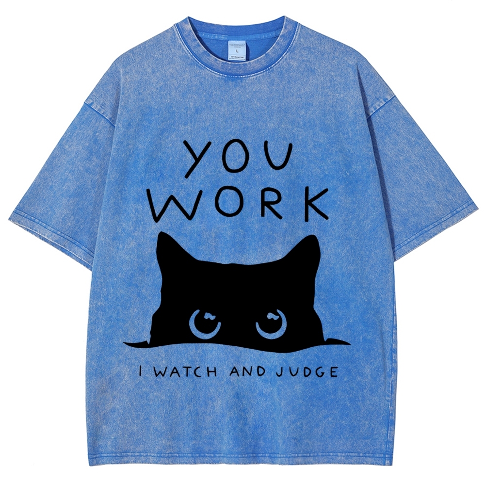 Black Cat Watching Your Work Vintage Wash Japanese Design T-Shirt