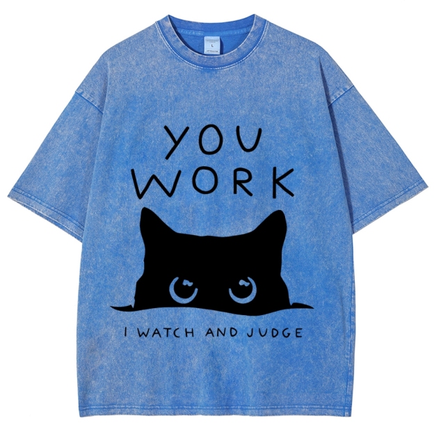 Black Cat Watching Your Work Vintage Wash Japanese Design T-Shirt