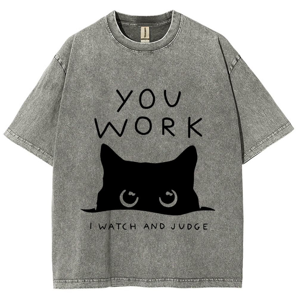 Black Cat Watching Your Work Vintage Wash Japanese Design T-Shirt