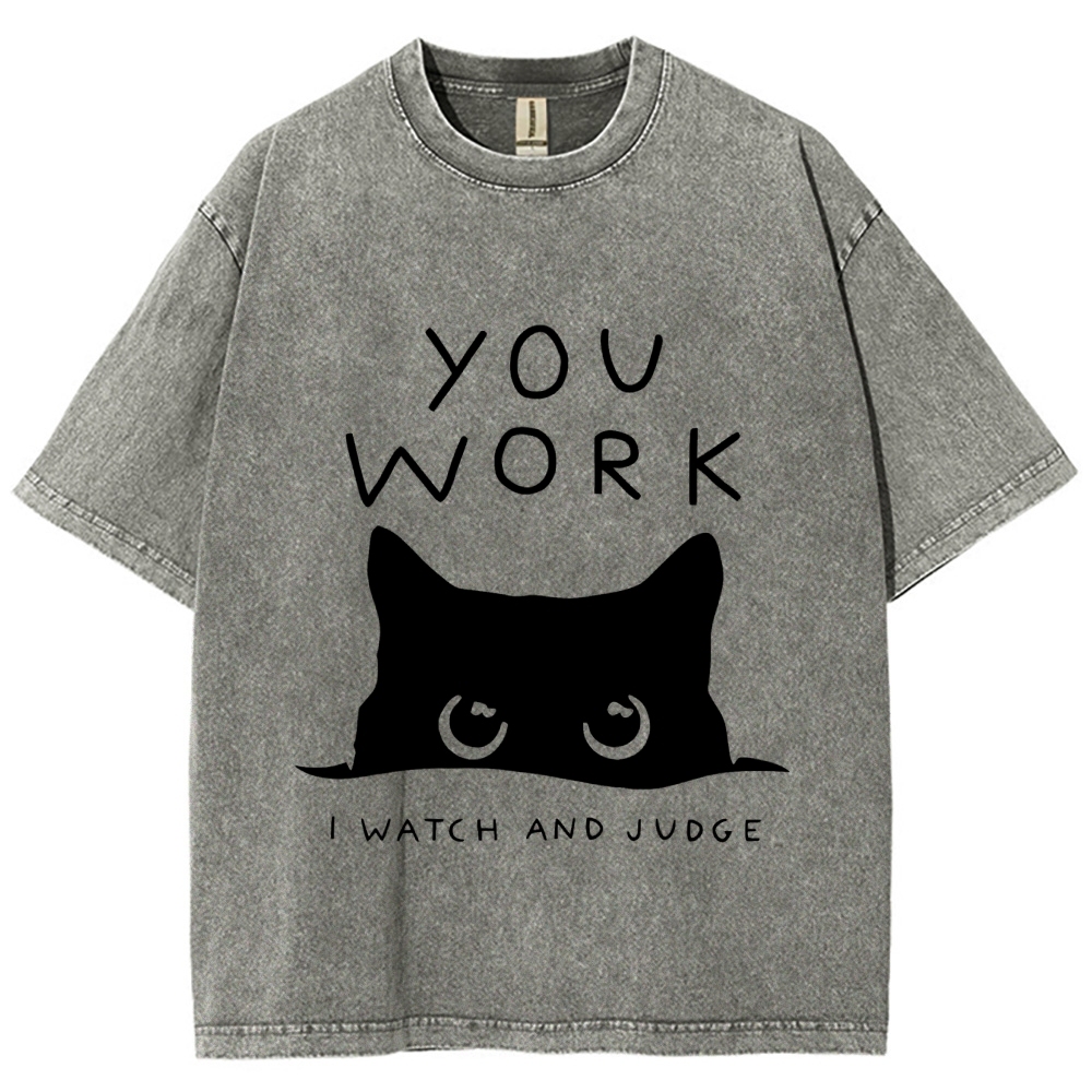 Black Cat Watching Your Work Vintage Wash Japanese Design T-Shirt