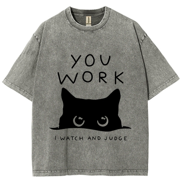 Black Cat Watching Your Work Vintage Wash Japanese Design T-Shirt