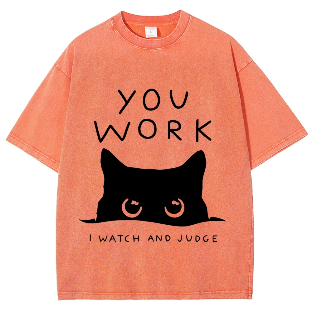 Black Cat Watching Your Work Vintage Wash Japanese Design T-Shirt