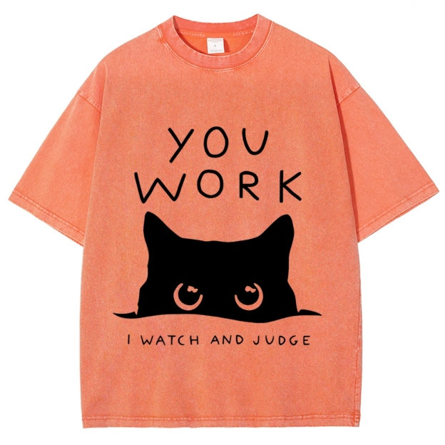 Black Cat Watching Your Work Vintage Wash Japanese Design T-Shirt