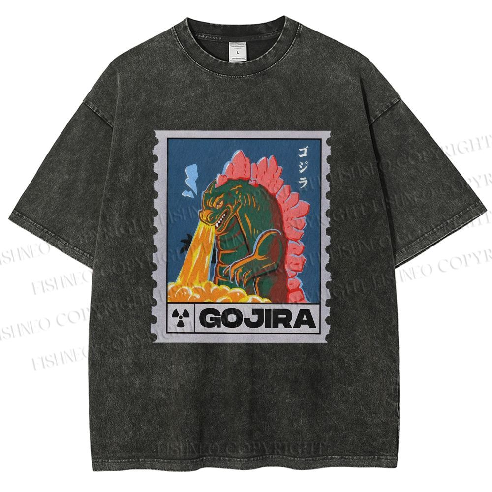 Unisex Cartoon Monster Stamps Printed Washed Tee