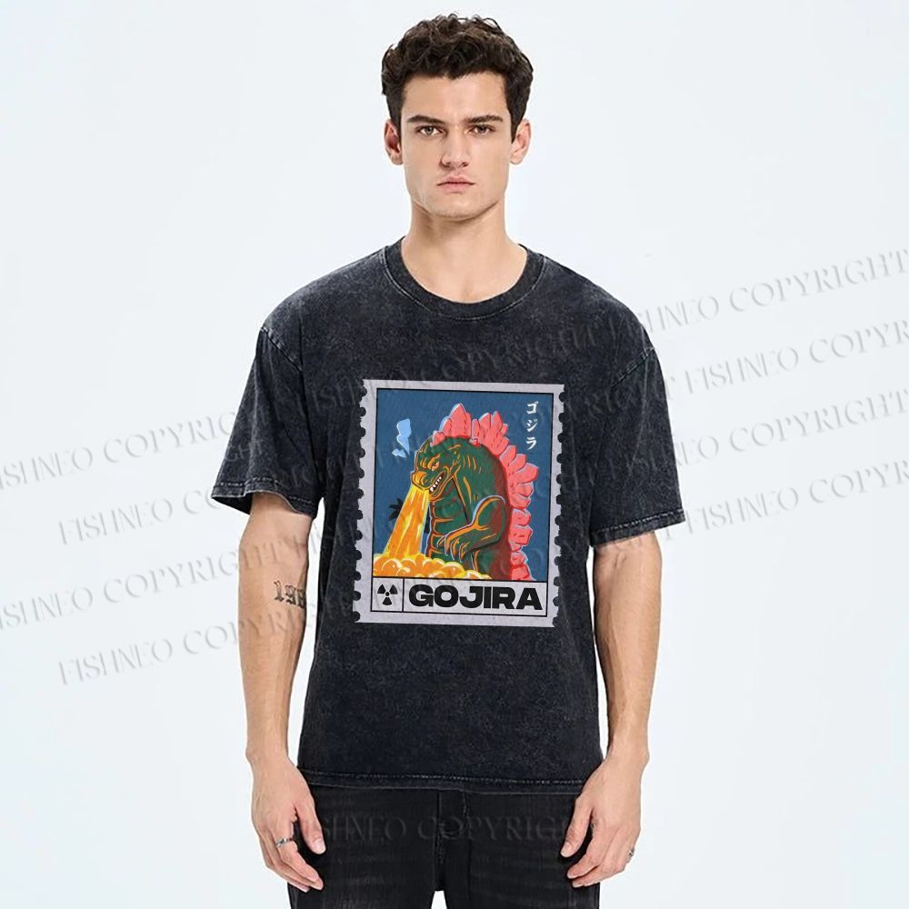 Unisex Cartoon Monster Stamps Printed Washed Tee