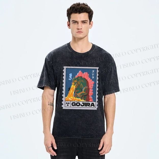 Unisex Cartoon Monster Stamps Printed Washed Tee