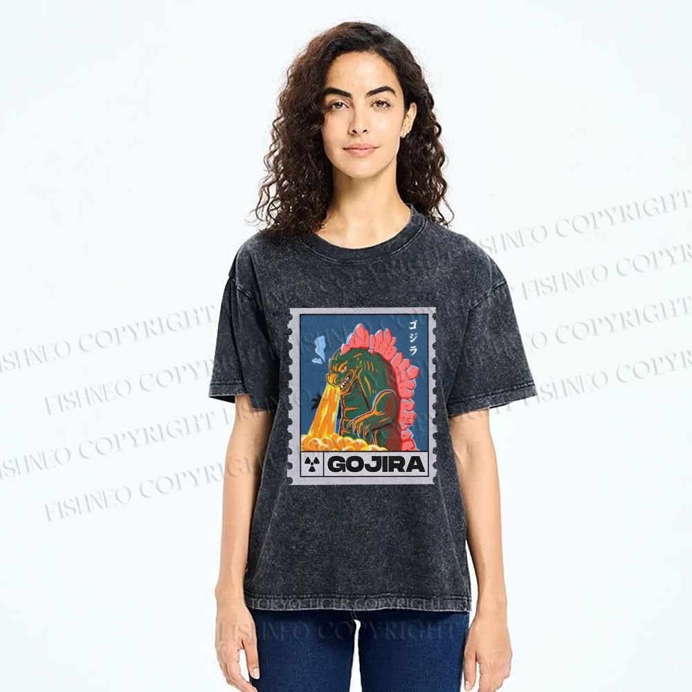 Unisex Cartoon Monster Stamps Printed Washed Tee