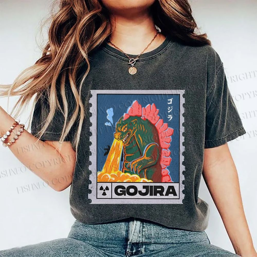 Unisex Cartoon Monster Stamps Printed Washed Tee