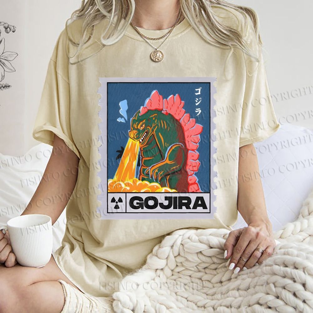 Unisex Cartoon Monster Stamps Printed Washed Tee