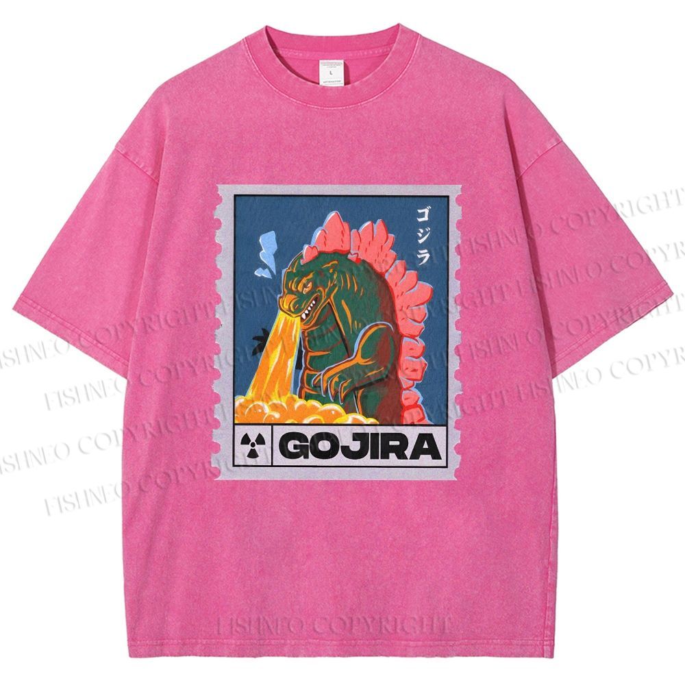 Unisex Cartoon Monster Stamps Printed Washed Tee