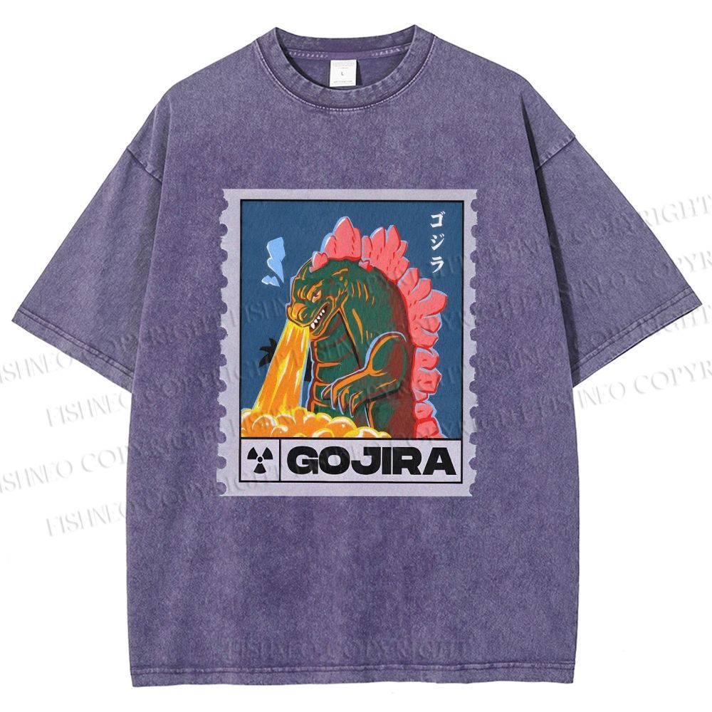 Unisex Cartoon Monster Stamps Printed Washed Tee