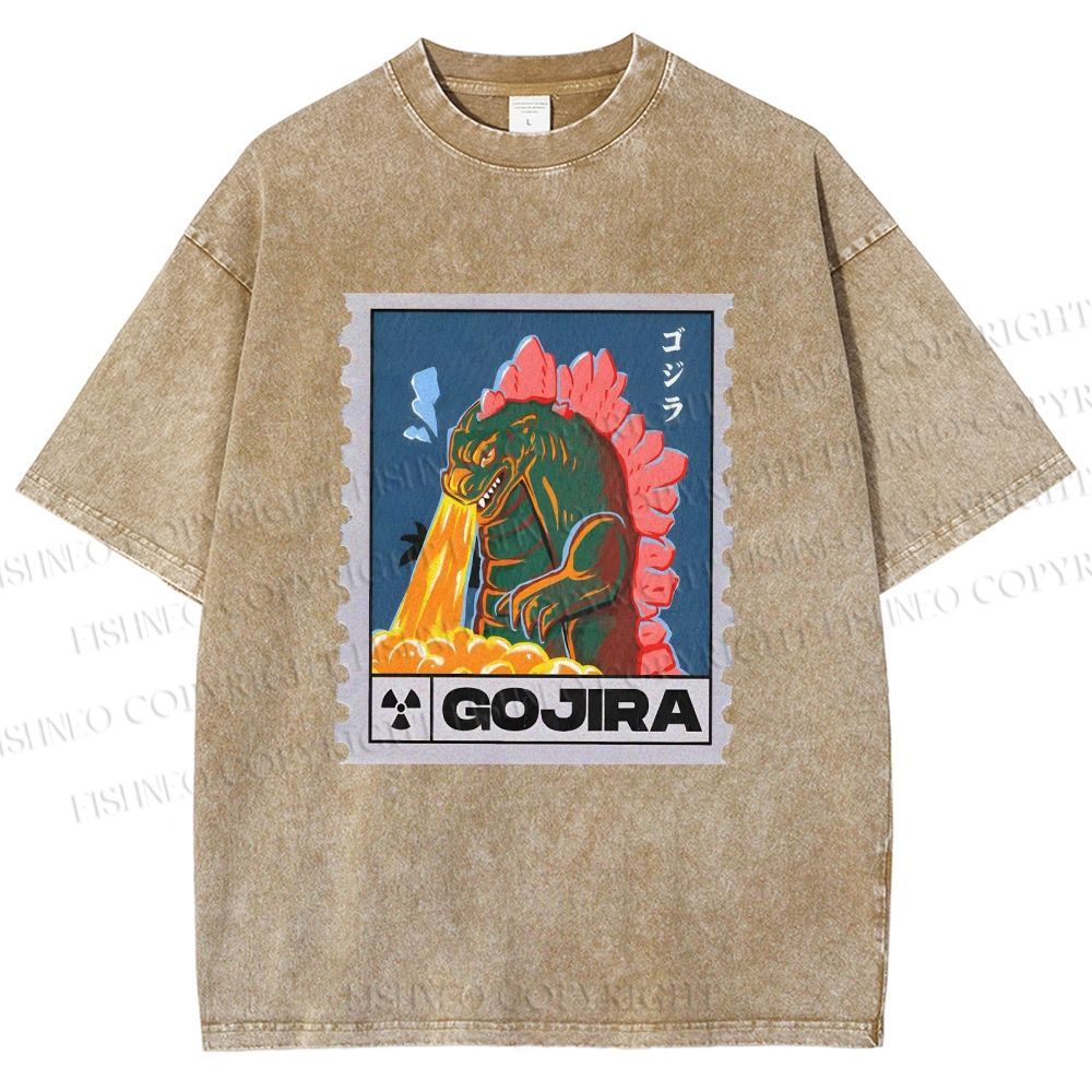 Unisex Cartoon Monster Stamps Printed Washed Tee