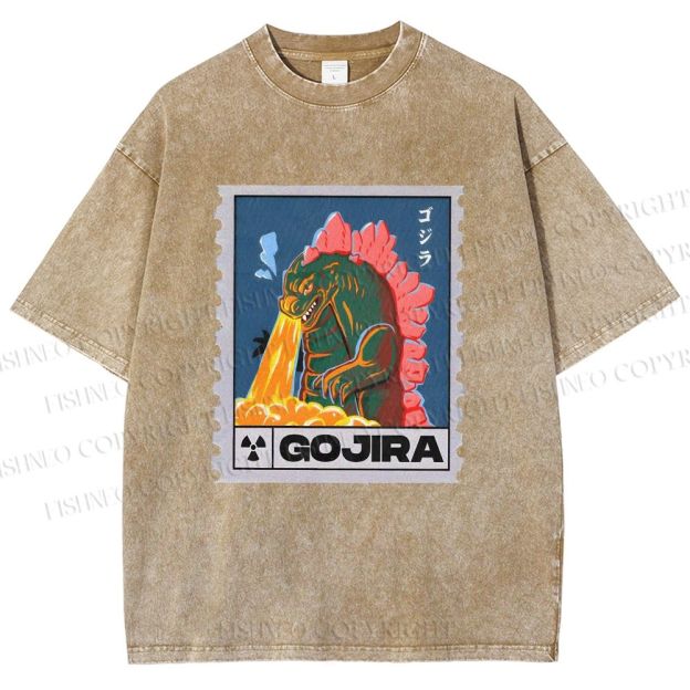Unisex Cartoon Monster Stamps Printed Washed Tee