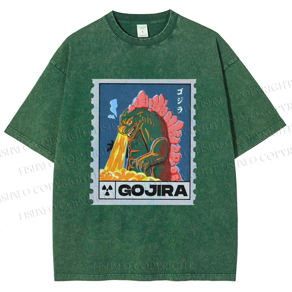 Unisex Cartoon Monster Stamps Printed Washed Tee