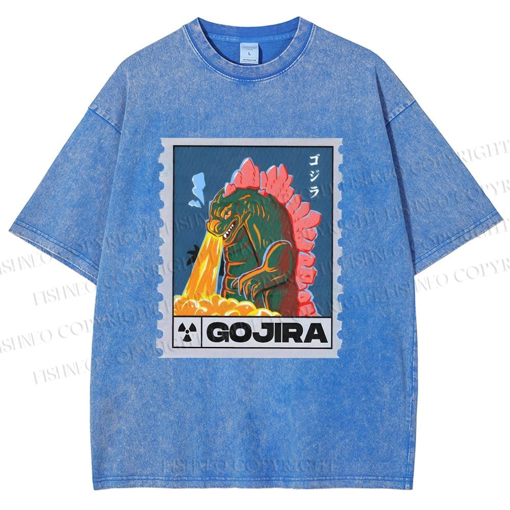 Unisex Cartoon Monster Stamps Printed Washed Tee