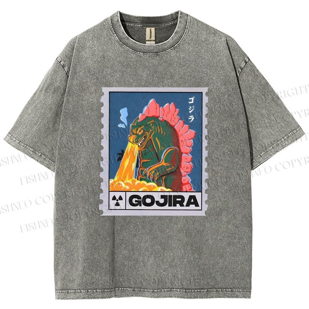Unisex Cartoon Monster Stamps Printed Washed Tee