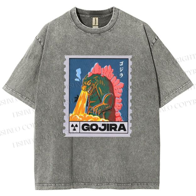 Unisex Cartoon Monster Stamps Printed Washed Tee