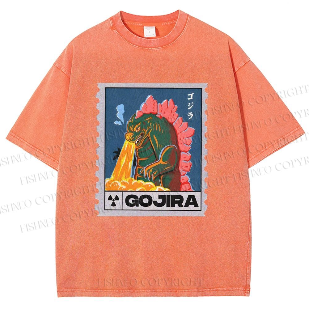 Unisex Cartoon Monster Stamps Printed Washed Tee
