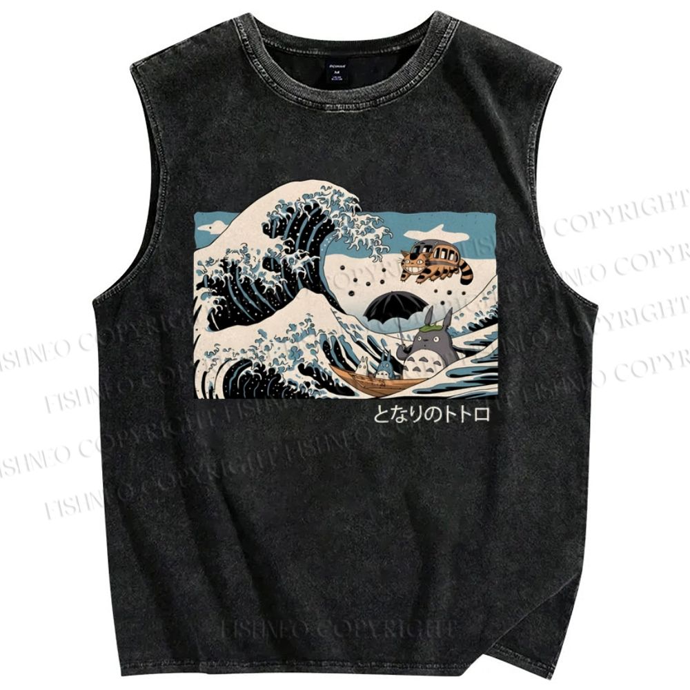 Unisex Wave Cartoon Animation Printed Washed Tank Top