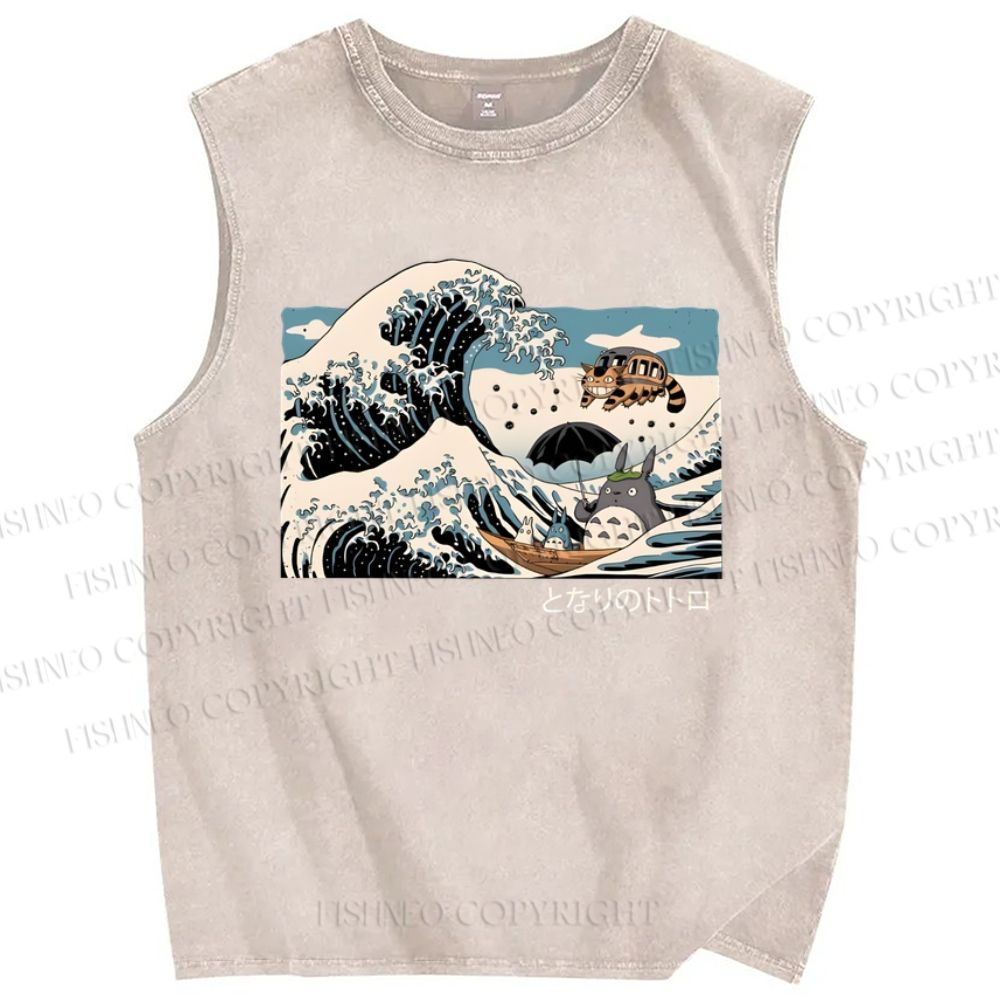 Unisex Wave Cartoon Animation Printed Washed Tank Top