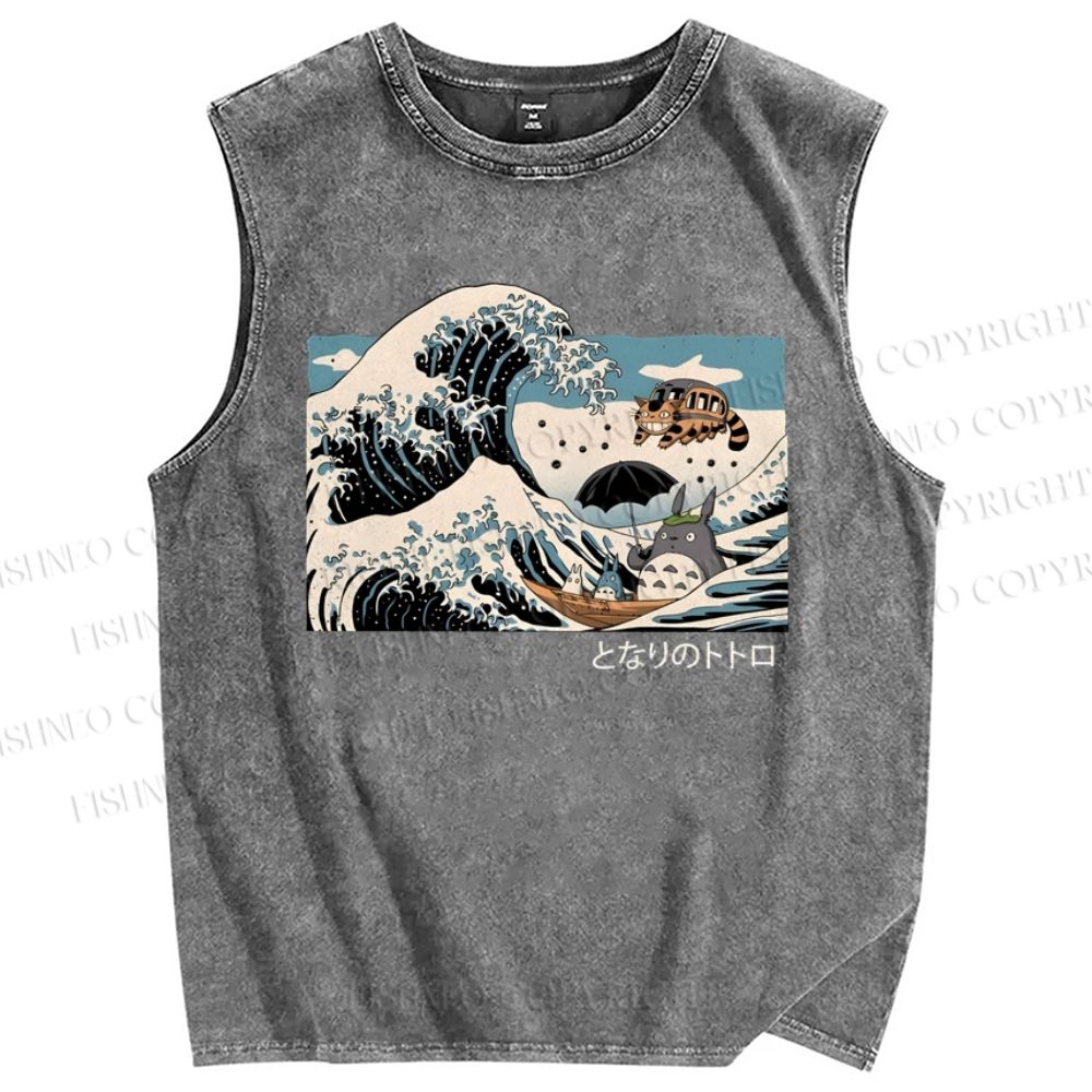 Unisex Wave Cartoon Animation Printed Washed Tank Top