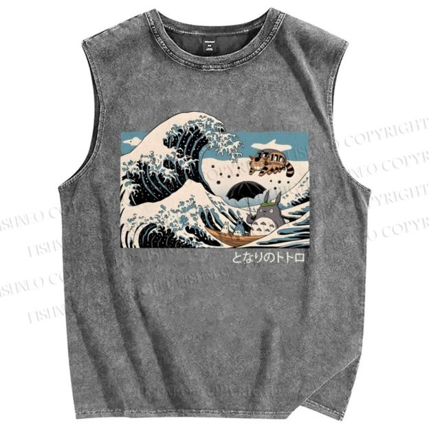 Unisex Wave Cartoon Animation Printed Washed Tank Top