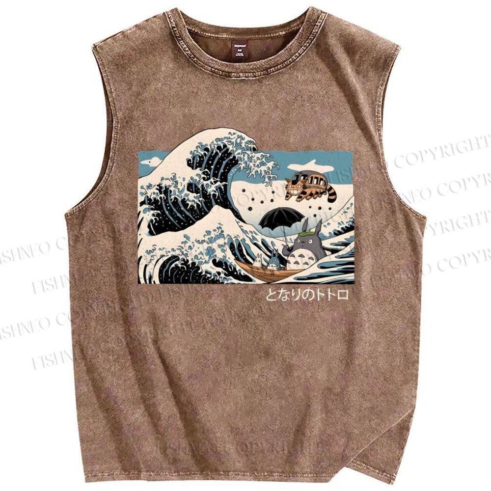 Unisex Wave Cartoon Animation Printed Washed Tank Top