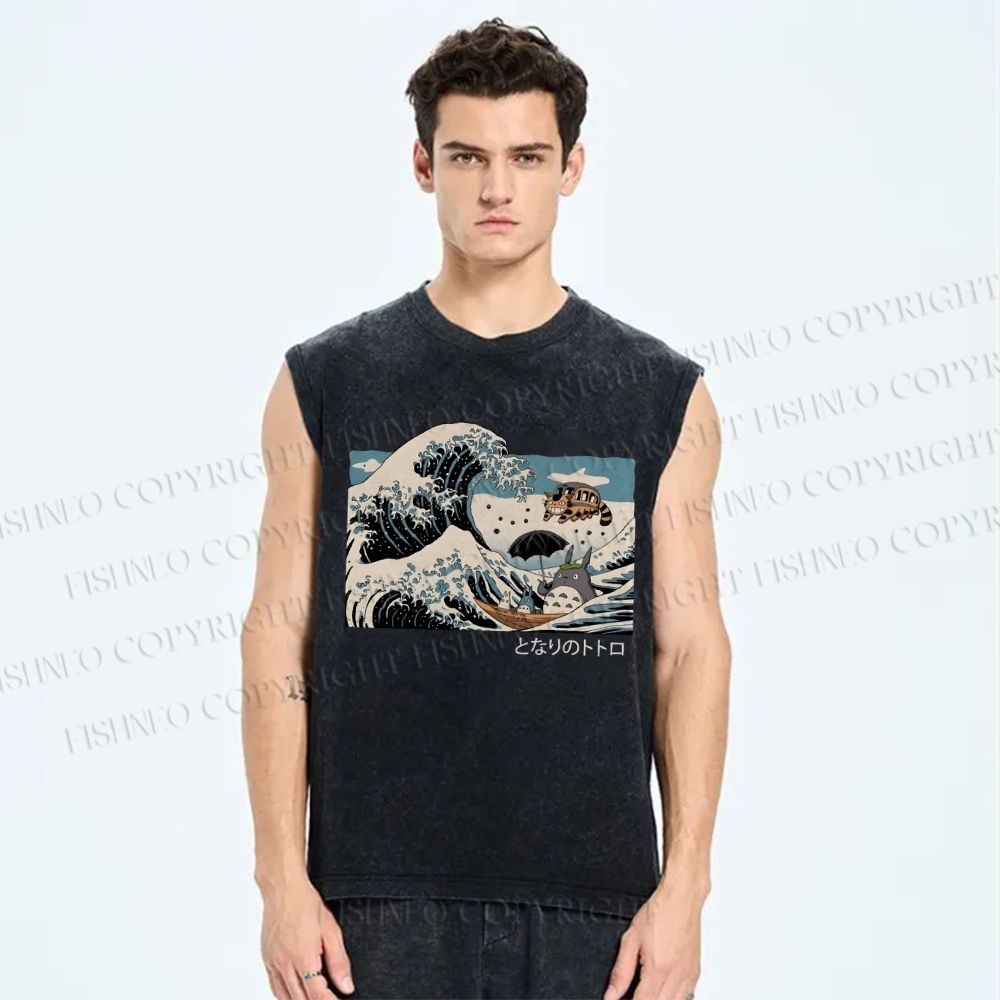 Unisex Wave Cartoon Animation Printed Washed Tank Top