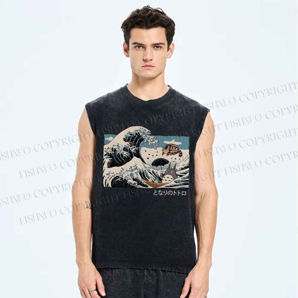 Unisex Wave Cartoon Animation Printed Washed Tank Top