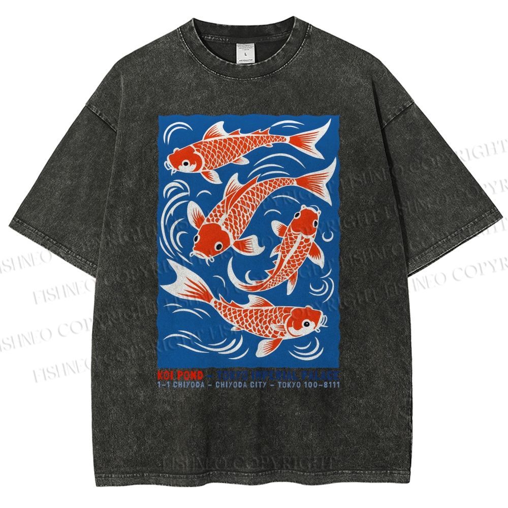 Unisex Vintage Koi Printed Washed Tee