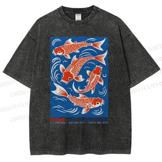 Unisex Vintage Koi Printed Washed Tee