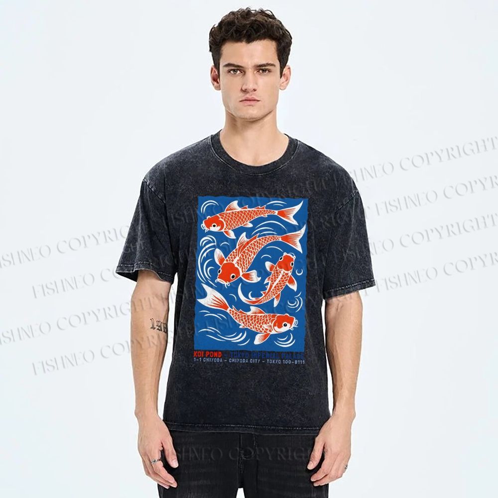 Unisex Vintage Koi Printed Washed Tee