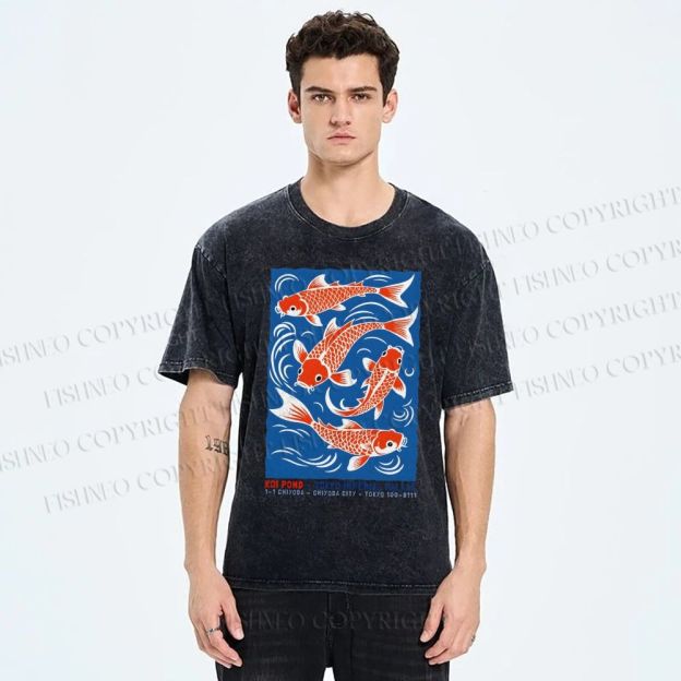 Unisex Vintage Koi Printed Washed Tee