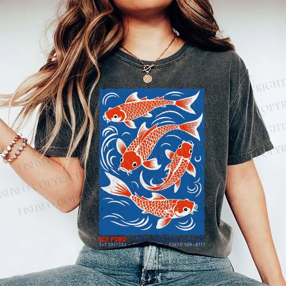 Unisex Vintage Koi Printed Washed Tee
