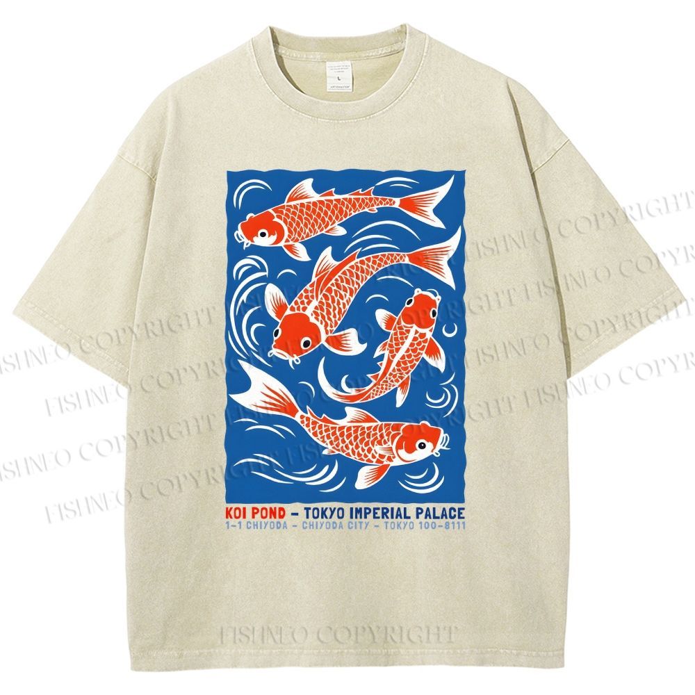 Unisex Vintage Koi Printed Washed Tee