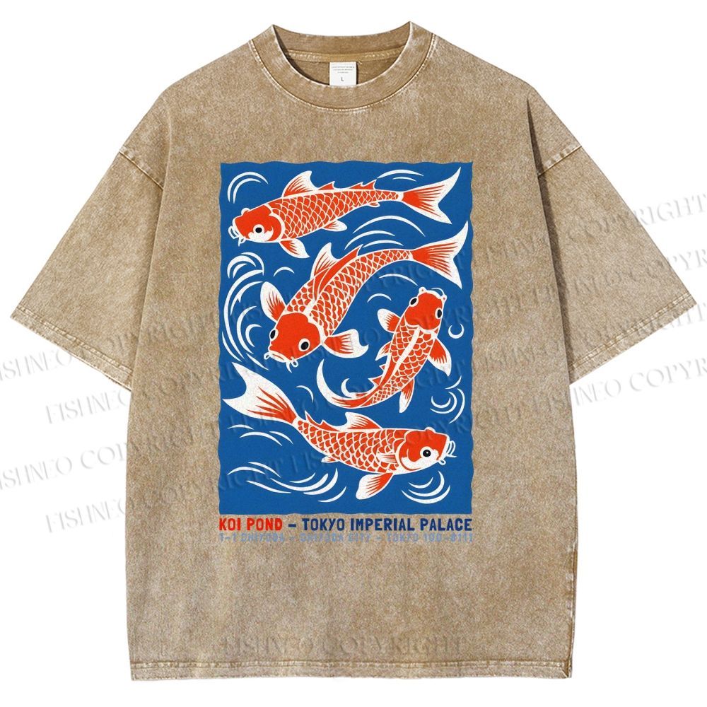 Unisex Vintage Koi Printed Washed Tee